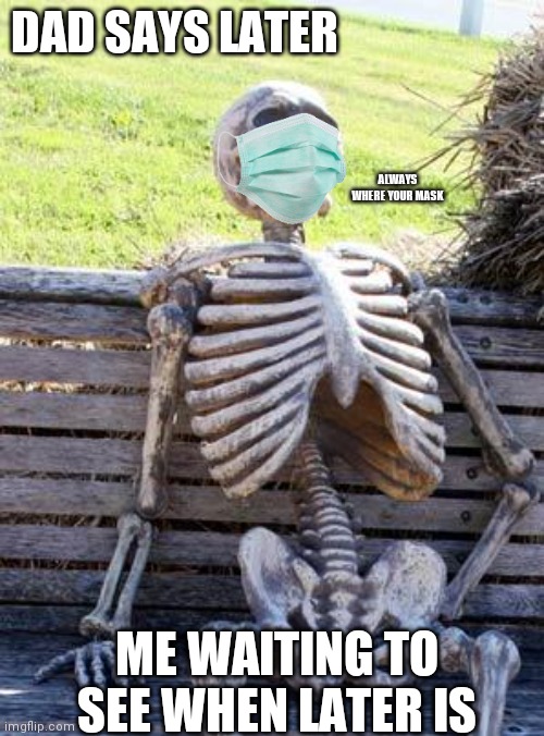 Dad's saying later | DAD SAYS LATER; ALWAYS WHERE YOUR MASK; ME WAITING TO SEE WHEN LATER IS | image tagged in memes,waiting skeleton | made w/ Imgflip meme maker