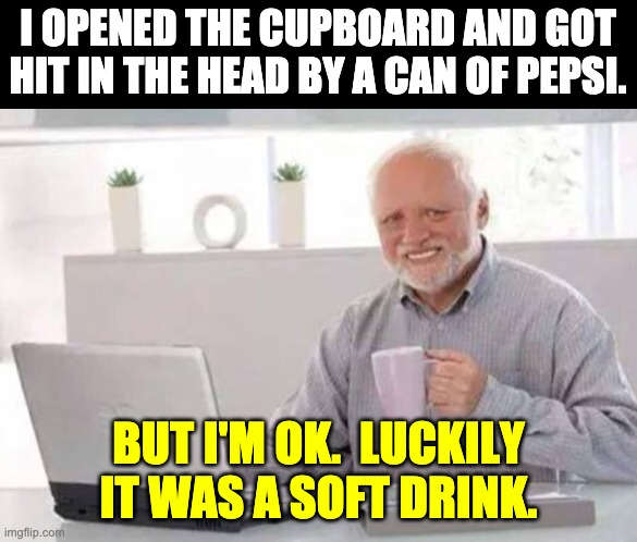 Whack | I OPENED THE CUPBOARD AND GOT HIT IN THE HEAD BY A CAN OF PEPSI. BUT I'M OK.  LUCKILY IT WAS A SOFT DRINK. | image tagged in harold | made w/ Imgflip meme maker