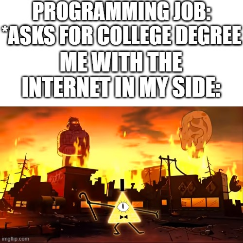 PROGRAMMING JOB: *ASKS FOR COLLEGE DEGREE; ME WITH THE INTERNET IN MY SIDE: | image tagged in gravity falls | made w/ Imgflip meme maker