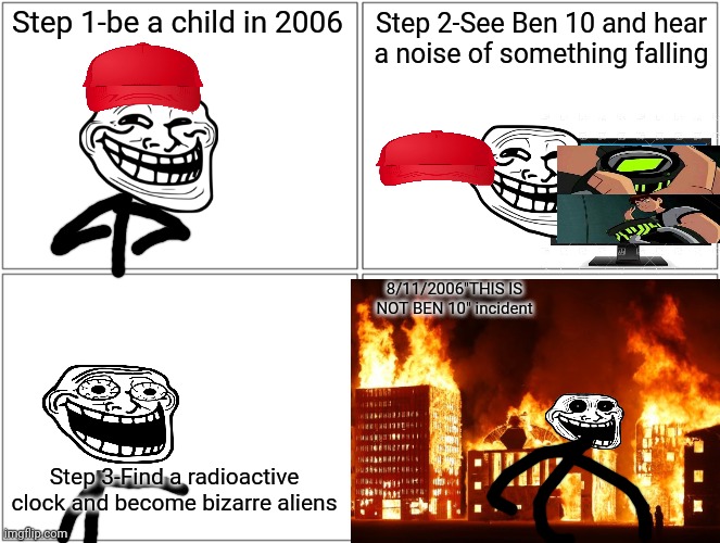 BAD 10 | Step 1-be a child in 2006; Step 2-See Ben 10 and hear a noise of something falling; 8/11/2006"THIS IS NOT BEN 10" incident; Step 3-Find a radioactive clock and become bizarre aliens | image tagged in trollge | made w/ Imgflip meme maker