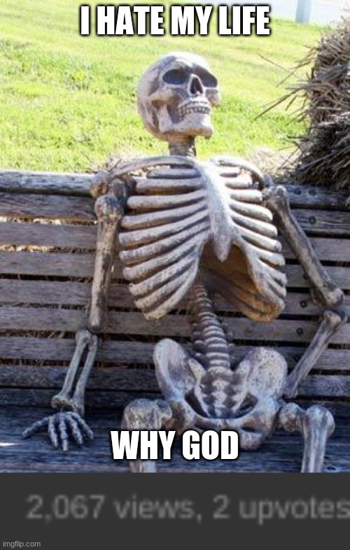 Why does this happen to me | I HATE MY LIFE; WHY GOD | image tagged in memes,waiting skeleton,gifs | made w/ Imgflip meme maker