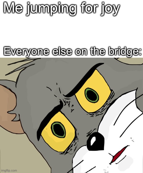 Unsettled Tom Meme | Me jumping for joy; Everyone else on the bridge: | image tagged in memes,unsettled tom | made w/ Imgflip meme maker