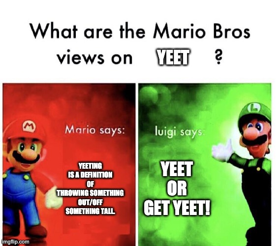 What are the mario bros views on:      ? | YEET; YEET OR GET YEET! YEETING IS A DEFINITION OF THROWING SOMETHING OUT/OFF SOMETHING TALL. | image tagged in what are the mario bros views on | made w/ Imgflip meme maker
