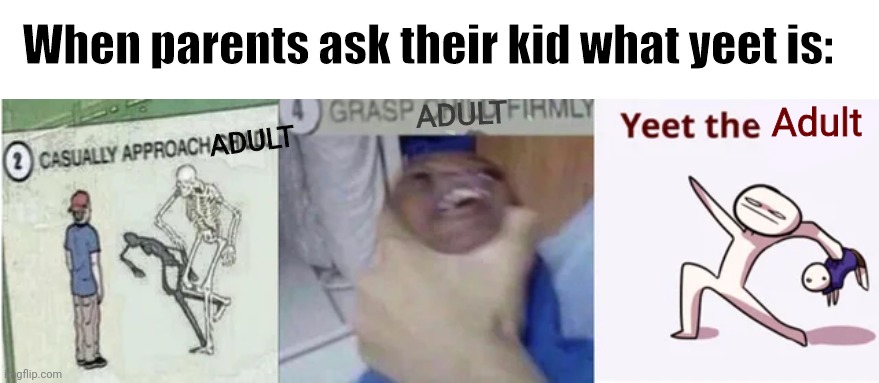 Casually Approach Child, Grasp Child Firmly, Yeet the Child | When parents ask their kid what yeet is:; ADULT; ADULT; Adult | image tagged in casually approach child grasp child firmly yeet the child | made w/ Imgflip meme maker