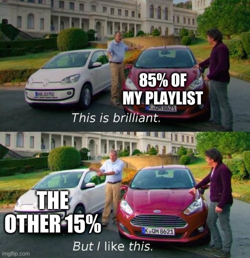 Meme | 85% OF MY PLAYLIST; THE OTHER 15% | image tagged in this is brilliant but i like this | made w/ Imgflip meme maker