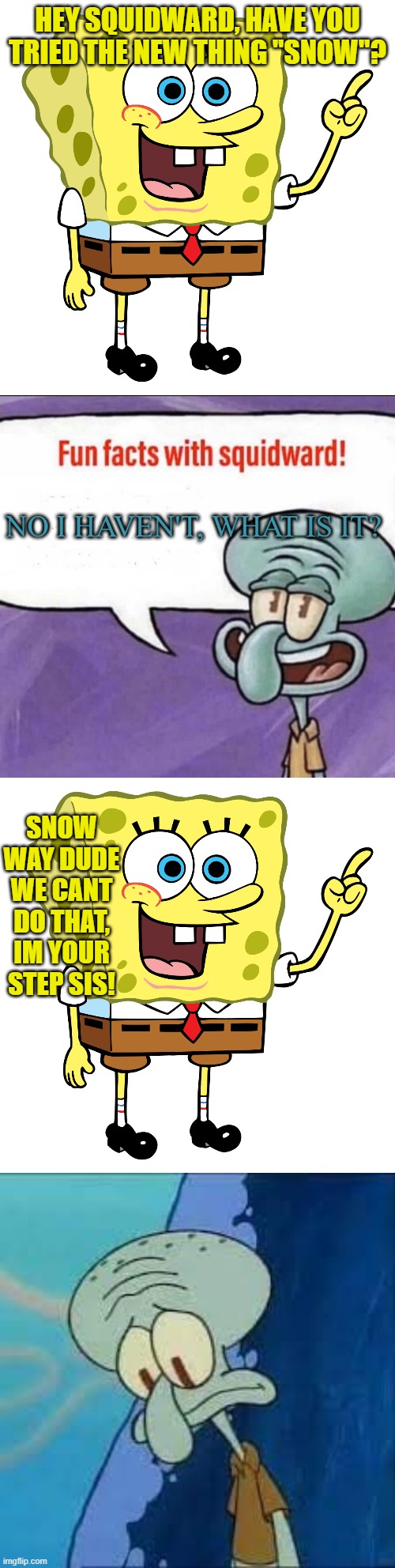 HEY SQUIDWARD, HAVE YOU TRIED THE NEW THING "SNOW"? NO I HAVEN'T, WHAT IS IT? SNOW WAY DUDE WE CANT DO THAT, IM YOUR STEP SIS! | image tagged in fun facts with squidward | made w/ Imgflip meme maker