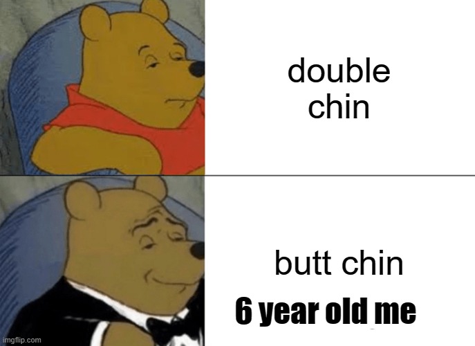 lol, butt chin | double chin; butt chin; 6 year old me | image tagged in memes,tuxedo winnie the pooh | made w/ Imgflip meme maker
