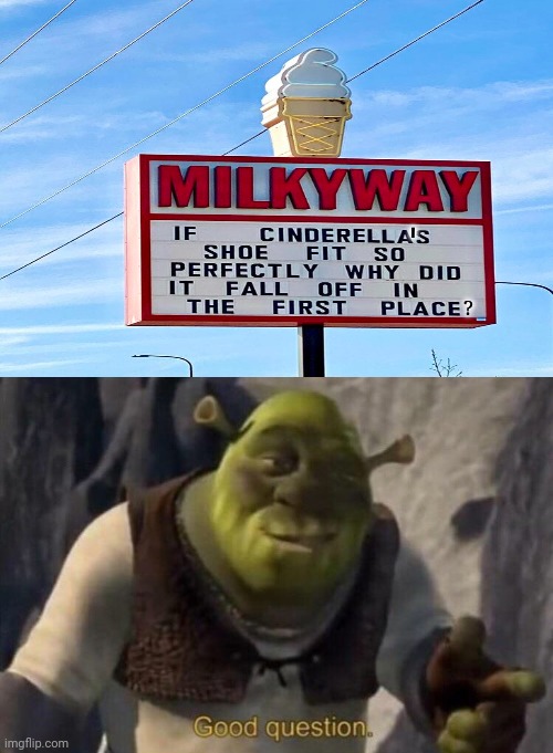 Cinderella | '; ? | image tagged in shrek good question,memes,meme,cinderella,funny signs,signs | made w/ Imgflip meme maker