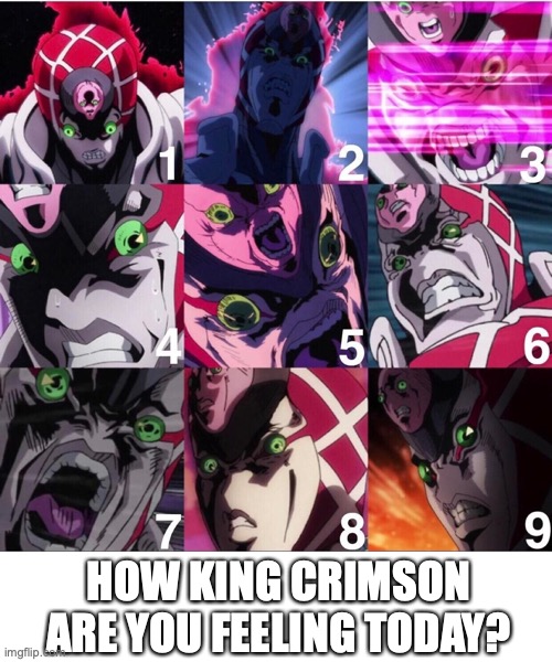 HOW KING CRIMSON ARE YOU FEELING TODAY? | image tagged in jojo's bizarre adventure | made w/ Imgflip meme maker