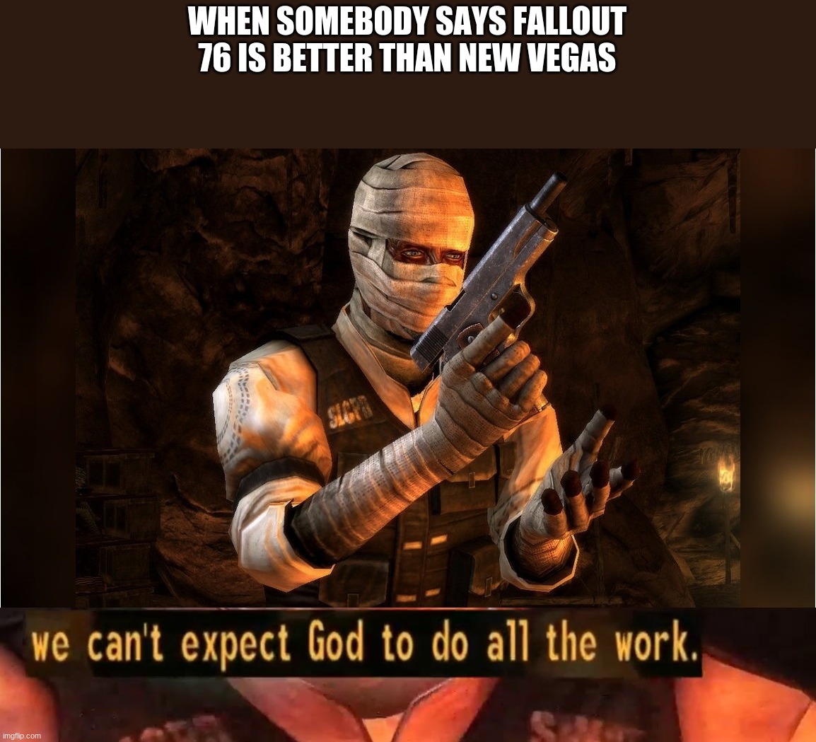 we cant expect go to do all the work | WHEN SOMEBODY SAYS FALLOUT 76 IS BETTER THAN NEW VEGAS | image tagged in fallout new vegas | made w/ Imgflip meme maker