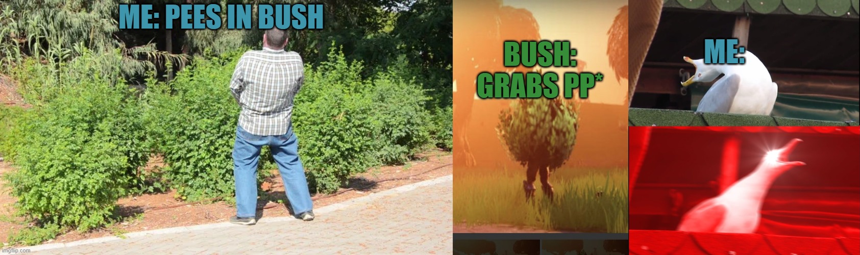 ME:; ME: PEES IN BUSH; BUSH: GRABS PP* | image tagged in fortnite bush,screaming bird | made w/ Imgflip meme maker