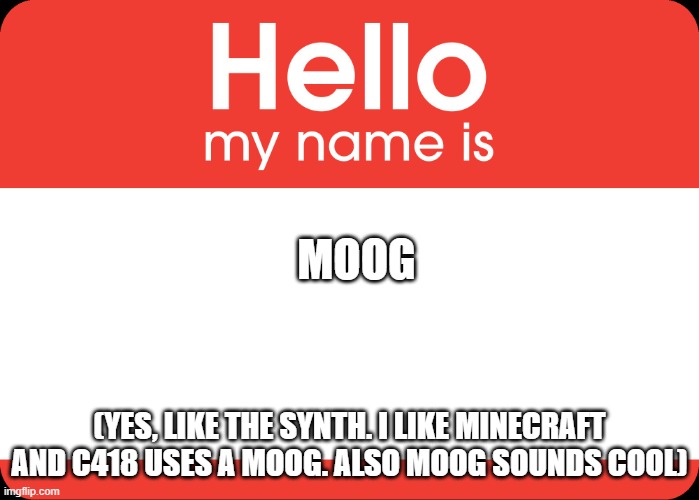 I have arrived at my much needed destination! So glad that a tiktok hating community is here. (^///^0 | MOOG; (YES, LIKE THE SYNTH. I LIKE MINECRAFT AND C418 USES A MOOG. ALSO MOOG SOUNDS COOL) | image tagged in hello my name is | made w/ Imgflip meme maker