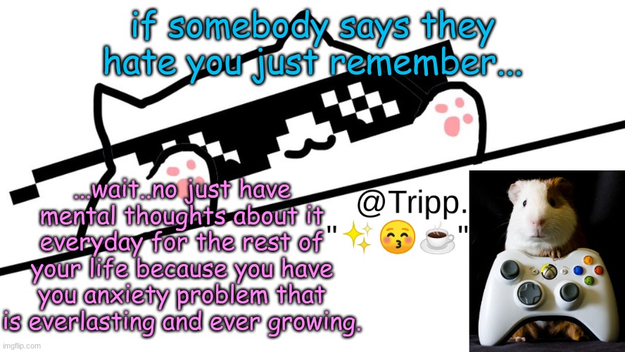 :) i'm so helpful. | if somebody says they hate you just remember... ...wait..no just have mental thoughts about it everyday for the rest of your life because you have you anxiety problem that is everlasting and ever growing. | image tagged in tripp 's very awesome temp d | made w/ Imgflip meme maker