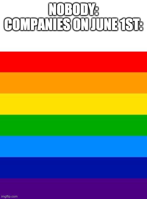 gay flag | NOBODY:
COMPANIES ON JUNE 1ST: | image tagged in gay flag | made w/ Imgflip meme maker