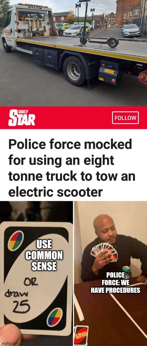 How dumb | USE COMMON SENSE; POLICE FORCE: WE HAVE PROCEDURES | image tagged in memes,uno draw 25 cards,priced,dumb | made w/ Imgflip meme maker