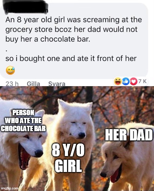 On a Sugar Prank | PERSON WHO ATE THE CHOCOLATE BAR; HER DAD; 8 Y/O
GIRL | image tagged in laughing wolf | made w/ Imgflip meme maker