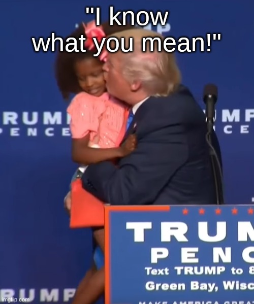 Trump kissing girl | "I know what you mean!" | image tagged in trump kissing girl | made w/ Imgflip meme maker