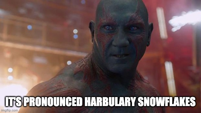 Drax | IT'S PRONOUNCED HARBULARY SNOWFLAKES | image tagged in drax | made w/ Imgflip meme maker