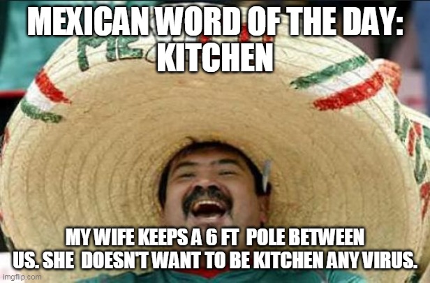 mexican word of the day | MEXICAN WORD OF THE DAY:
KITCHEN; MY WIFE KEEPS A 6 FT  POLE BETWEEN US. SHE  DOESN'T WANT TO BE KITCHEN ANY VIRUS. | image tagged in mexican word of the day | made w/ Imgflip meme maker