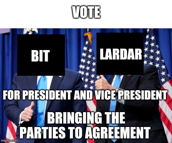 VOTE; BIT; LARDAR; FOR PRESIDENT AND VICE PRESIDENT; BRINGING THE PARTIES TO AGREEMENT | image tagged in memes,blank transparent square | made w/ Imgflip meme maker