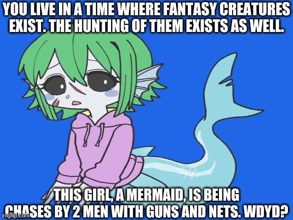 OP OCs allowed, don't kill the mermaid pls. | YOU LIVE IN A TIME WHERE FANTASY CREATURES EXIST. THE HUNTING OF THEM EXISTS AS WELL. THIS GIRL, A MERMAID, IS BEING CHASES BY 2 MEN WITH GUNS AND NETS. WDYD? | image tagged in mermaid,stop it get some help,hunting season,oh wow are you actually reading these tags | made w/ Imgflip meme maker