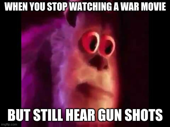 Sully Groan | WHEN YOU STOP WATCHING A WAR MOVIE; BUT STILL HEAR GUN SHOTS | image tagged in sully groan | made w/ Imgflip meme maker
