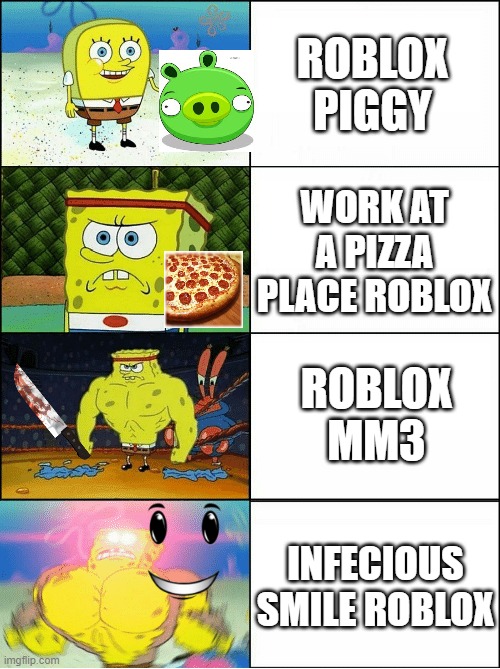 Sponge Finna Commit Muder | ROBLOX PIGGY; WORK AT A PIZZA PLACE ROBLOX; ROBLOX MM3; INFECIOUS SMILE ROBLOX | image tagged in sponge finna commit muder | made w/ Imgflip meme maker
