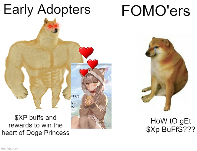 Polkafantasy doge princess meme contest | Early Adopters; FOMO'ers; $XP buffs and rewards to win the heart of Doge Princess; HoW tO gEt $Xp BuFfS??? | image tagged in memes,buff doge vs cheems | made w/ Imgflip meme maker
