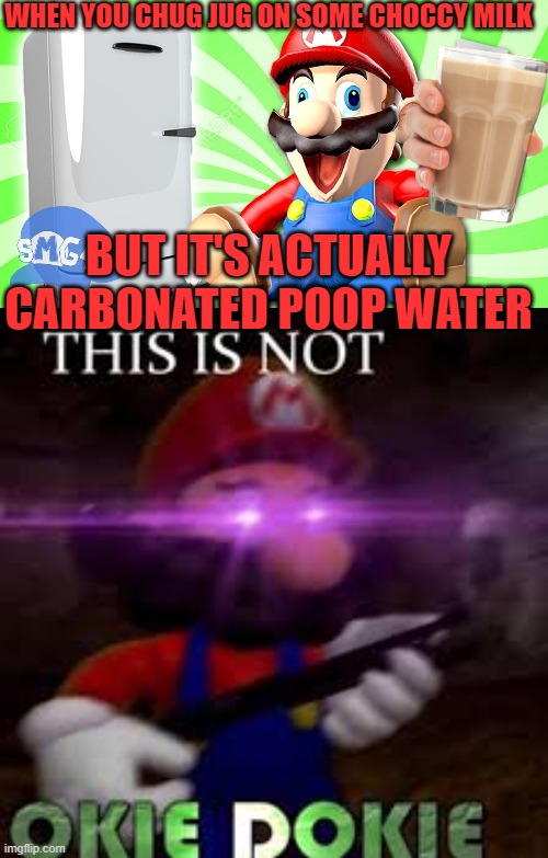 WHEN YOU CHUG JUG ON SOME CHOCCY MILK; BUT IT'S ACTUALLY CARBONATED POOP WATER | image tagged in this is not okie dokie | made w/ Imgflip meme maker