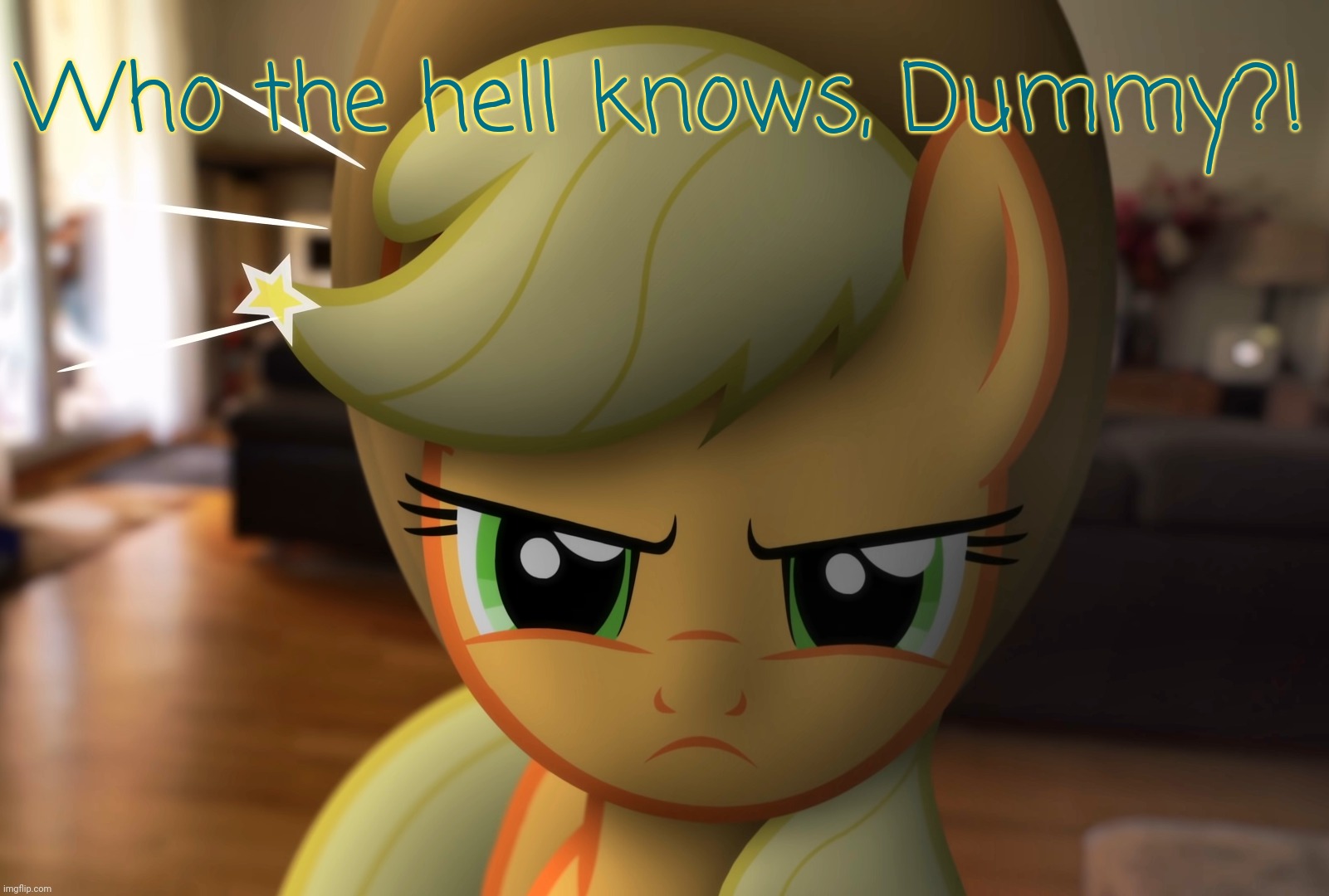 Unhappy Applejack (MLP in Real Life) | Who the hell knows, Dummy?! | image tagged in unhappy applejack mlp in real life | made w/ Imgflip meme maker