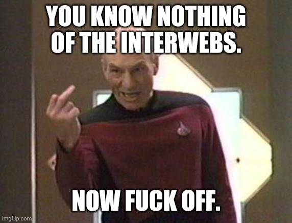 Idiots using the internet.  Thinks all computers are are served by a CDN. | YOU KNOW NOTHING OF THE INTERWEBS. NOW FUCK OFF. | image tagged in picard middle finger | made w/ Imgflip meme maker