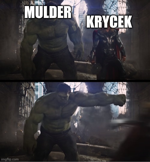 Mulder and Krycek's relationship in a nutshell | KRYCEK; MULDER | image tagged in hulk punches thor,xfiles,mulder | made w/ Imgflip meme maker