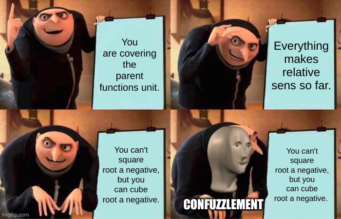 Gru's Plan Meme | You are covering the parent functions unit. Everything makes relative sens so far. You can't square root a negative, but you can cube root a negative. You can't square root a negative, but you can cube root a negative. CONFUZZLEMENT | image tagged in memes,gru's plan | made w/ Imgflip meme maker