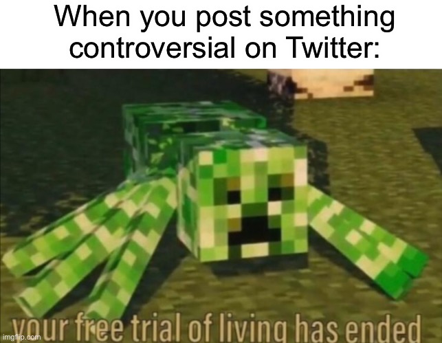 Boy, am I glad I don’t use Twitter. |  When you post something controversial on Twitter: | image tagged in your free trial of living has ended,twitter,dank memes,memes | made w/ Imgflip meme maker