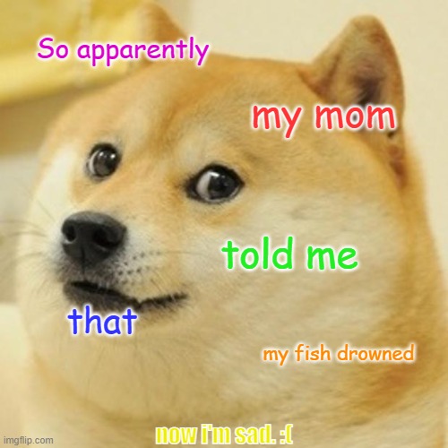 Sad fish :( | So apparently; my mom; told me; that; my fish drowned; now i'm sad. :( | image tagged in memes,doge | made w/ Imgflip meme maker