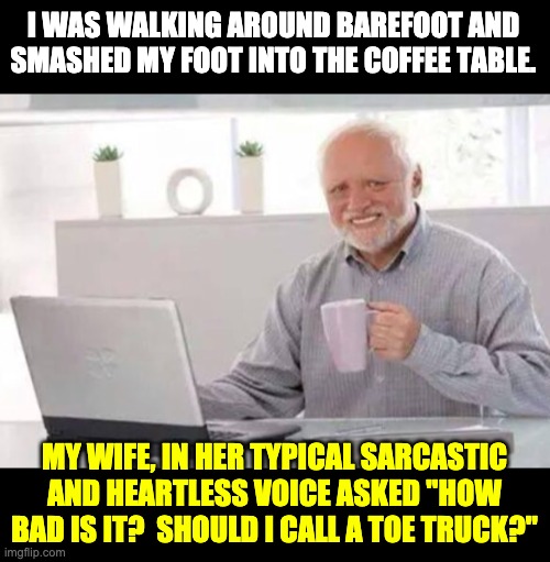 Ouch! | I WAS WALKING AROUND BAREFOOT AND SMASHED MY FOOT INTO THE COFFEE TABLE. MY WIFE, IN HER TYPICAL SARCASTIC AND HEARTLESS VOICE ASKED "HOW BAD IS IT?  SHOULD I CALL A TOE TRUCK?" | image tagged in harold | made w/ Imgflip meme maker