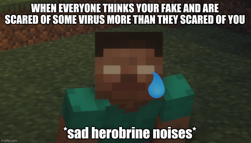 We need to support Herobrine! | WHEN EVERYONE THINKS YOUR FAKE AND ARE SCARED OF SOME VIRUS MORE THAN THEY SCARED OF YOU; *sad herobrine noises* | image tagged in herobrine staring at u | made w/ Imgflip meme maker