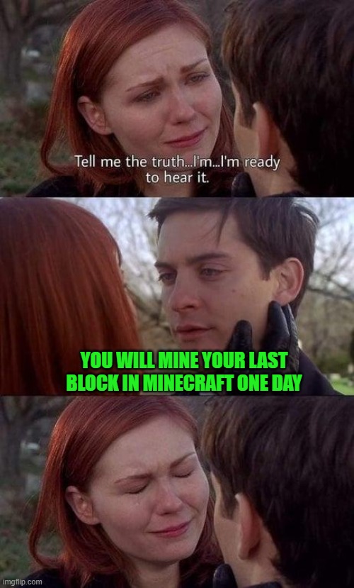 The sad truth we always deny... | YOU WILL MINE YOUR LAST BLOCK IN MINECRAFT ONE DAY | image tagged in tell me the truth i'm ready to hear it | made w/ Imgflip meme maker