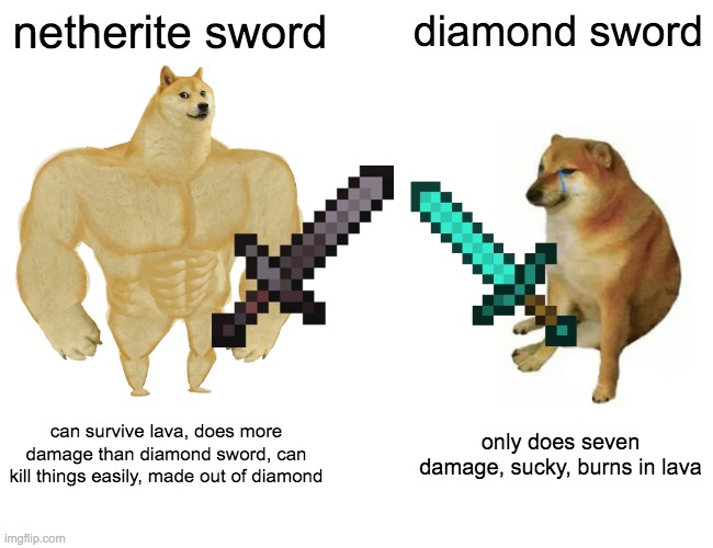 Netherite vs diamond sword | netherite sword; diamond sword; can survive lava, does more damage than diamond sword, can kill things easily, made out of diamond; only does seven damage, sucky, burns in lava | image tagged in memes,buff doge vs cheems | made w/ Imgflip meme maker