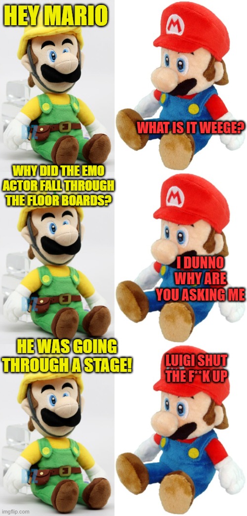 HEY MARIO; WHAT IS IT WEEGE? WHY DID THE EMO ACTOR FALL THROUGH THE FLOOR BOARDS? I DUNNO WHY ARE YOU ASKING ME; HE WAS GOING THROUGH A STAGE! LUIGI SHUT THE F**K UP | image tagged in mario,luigi | made w/ Imgflip meme maker