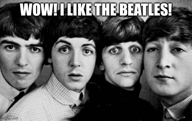 THE BEATLES IN SHOCK | WOW! I LIKE THE BEATLES! | image tagged in the beatles in shock | made w/ Imgflip meme maker
