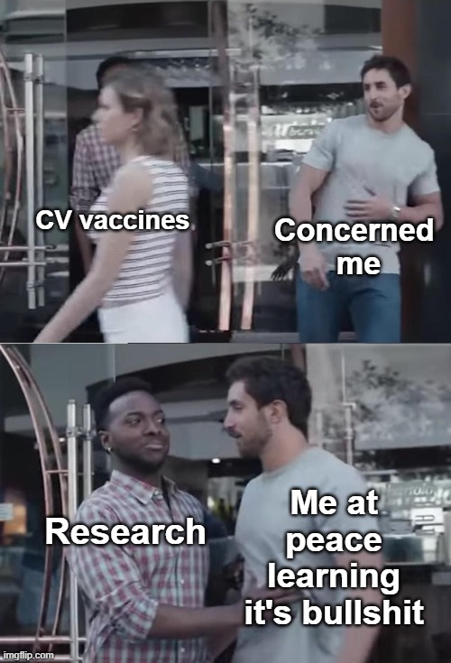 Experimental vaccines created by profit hungry Big Pharma and are being used to accomplish the globalist agenda. | Concerned 
me; CV vaccines; Me at peace learning it's bullshit; Research | image tagged in vaccines,research,vaccine hesitancy,bill gates,globalist agenda,gillette commercial | made w/ Imgflip meme maker