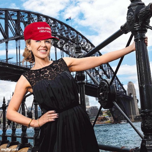 y would she go all the way to SYDNEY AUSTRALIA just to wear a MAGA hat??? | image tagged in maga kylie sydney bridge | made w/ Imgflip meme maker
