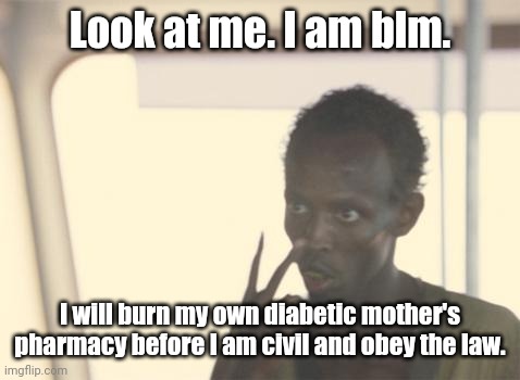 I'm The Captain Now | Look at me. I am blm. I will burn my own diabetic mother's pharmacy before I am civil and obey the law. | image tagged in memes,i'm the captain now,blm,democrats,crime,racism | made w/ Imgflip meme maker
