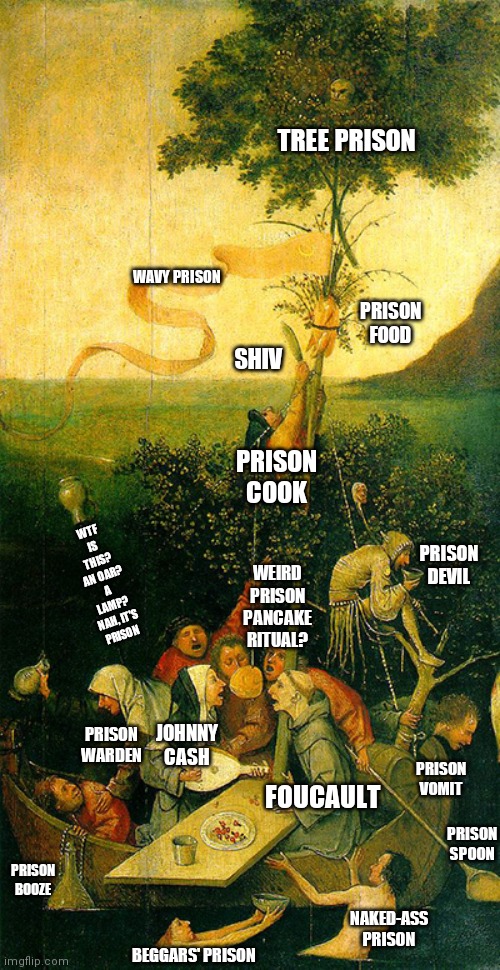 Bad Bosch | TREE PRISON; WAVY PRISON; PRISON FOOD; SHIV; PRISON COOK; WTF IS THIS? AN OAR? A LAMP? NAH, IT'S PRISON; PRISON DEVIL; WEIRD PRISON PANCAKE RITUAL? PRISON WARDEN; JOHNNY CASH; PRISON VOMIT; FOUCAULT; PRISON SPOON; PRISON BOOZE; NAKED-ASS PRISON; BEGGARS' PRISON | image tagged in foucault,prison,episteme | made w/ Imgflip meme maker