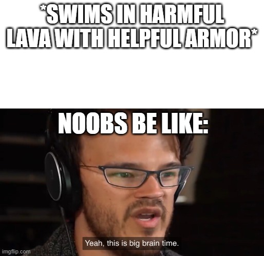 Yeah, this is big brain time | *SWIMS IN HARMFUL LAVA WITH HELPFUL ARMOR*; NOOBS BE LIKE: | image tagged in yeah this is big brain time | made w/ Imgflip meme maker