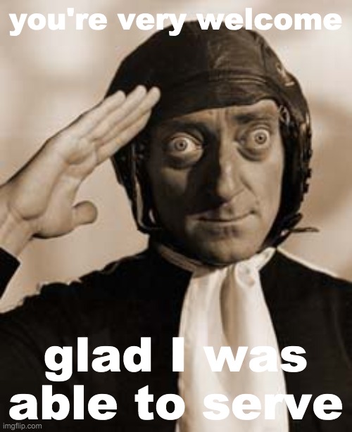 Marty Feldman copy that! | you're very welcome glad I was able to serve | image tagged in marty feldman copy that | made w/ Imgflip meme maker