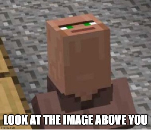 Minecraft Villager Looking Up | LOOK AT THE IMAGE ABOVE YOU | image tagged in minecraft villager looking up | made w/ Imgflip meme maker
