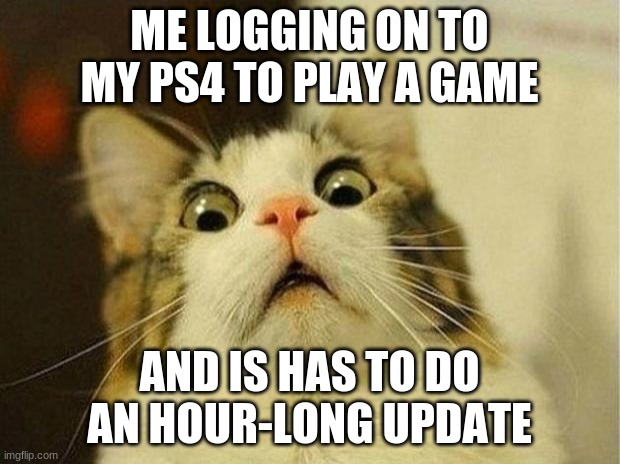 Scared Cat | ME LOGGING ON TO MY PS4 TO PLAY A GAME; AND IS HAS TO DO AN HOUR-LONG UPDATE | image tagged in memes,scared cat | made w/ Imgflip meme maker