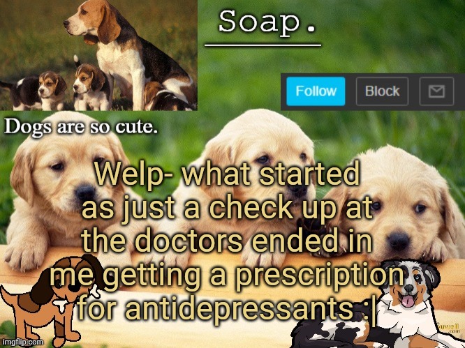 Soap doggo temp | Welp- what started as just a check up at the doctors ended in me getting a prescription for antidepressants :| | image tagged in soap doggo temp ty yachi | made w/ Imgflip meme maker
